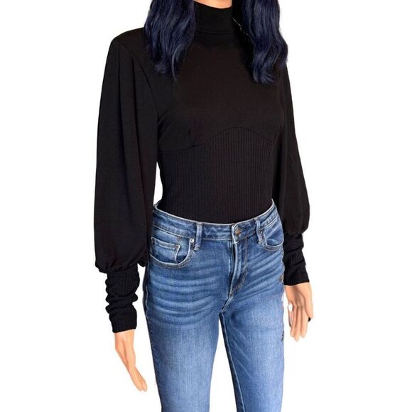 NWT Only Hearts Black Eco Rib Poet Sleeve Bodysuit - Picture 3 of 8